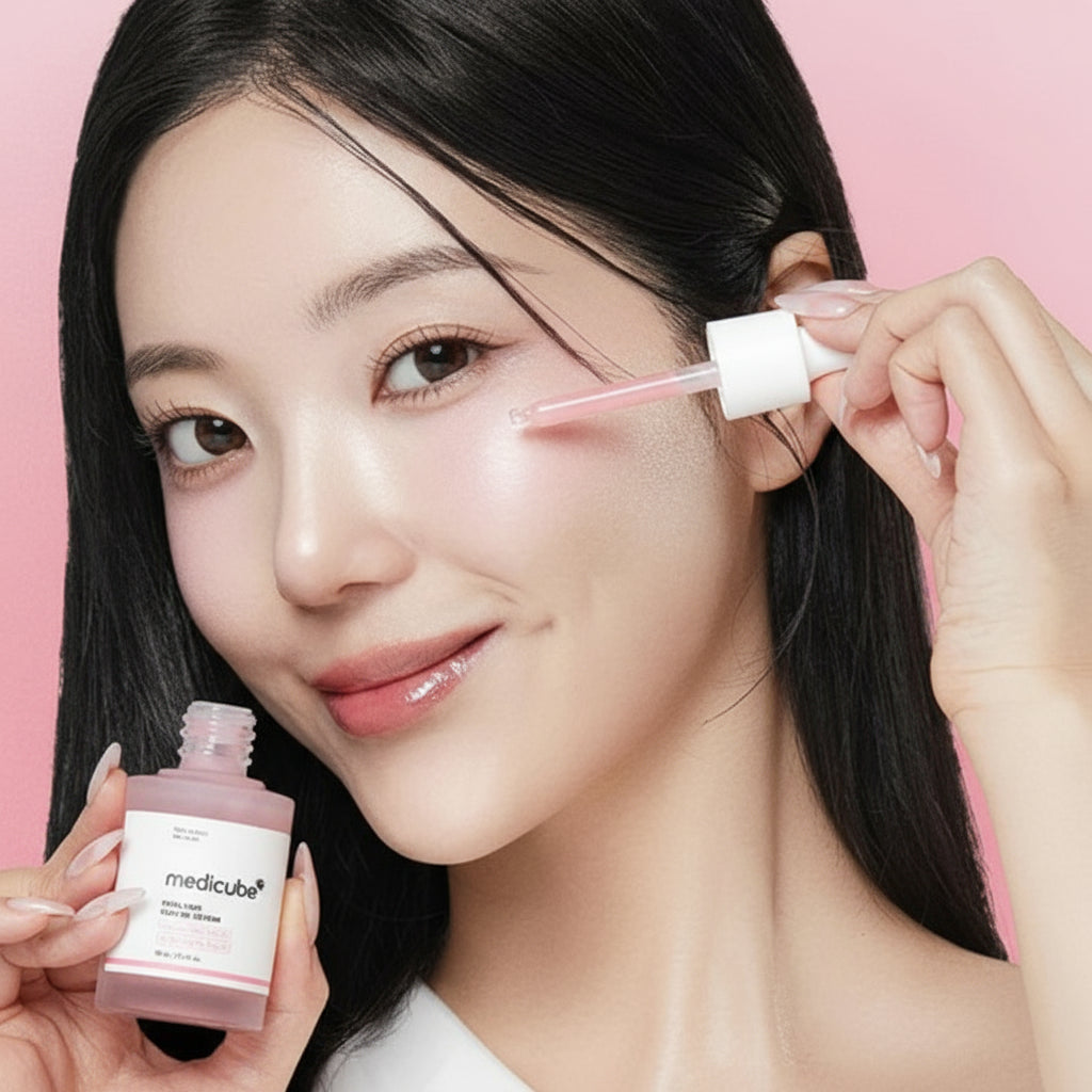 Woman applying skincare product to her face with a pink background